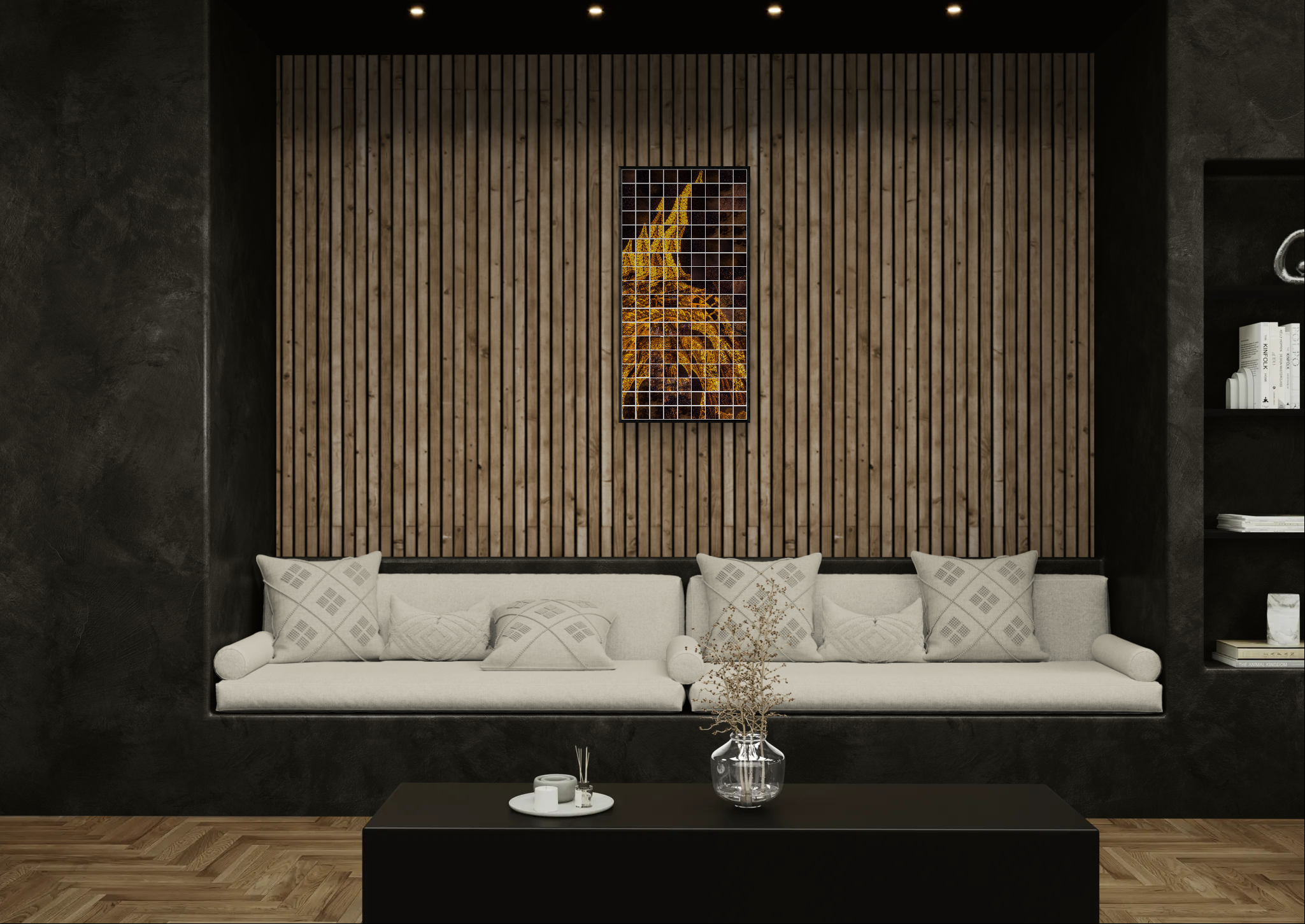 Tirage Fine Art de la Tour Eiffel en flamme dorée ou buisson ardent, photocollage signé par l'artiste Johanna Pernot, exposé dans un salon cosy et élégant