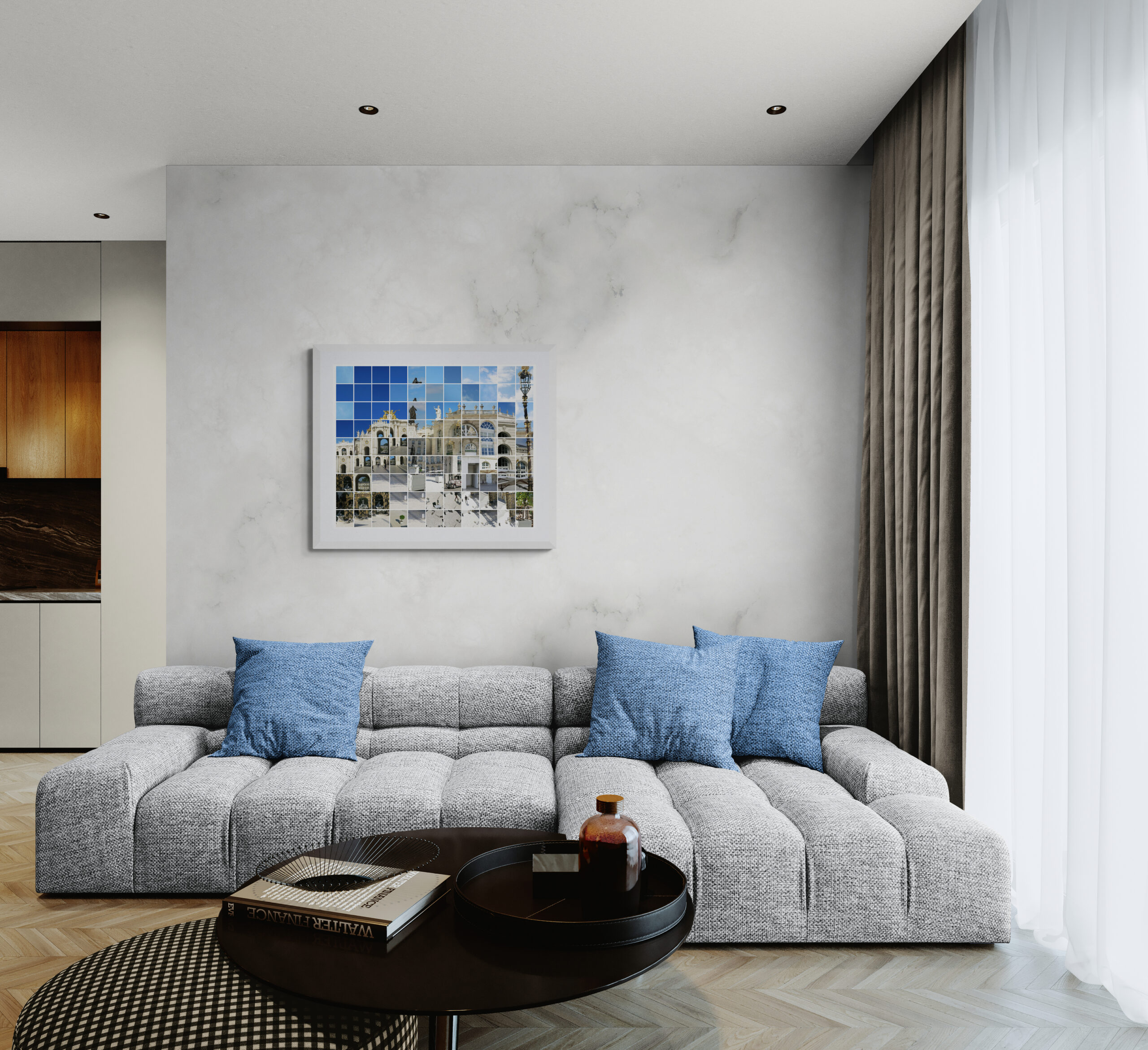 Tirage photographique de la place Stanislas à Nancy, photocollage de Johanna Pernot, suspendu au-dessus d'un canapé dans un salon