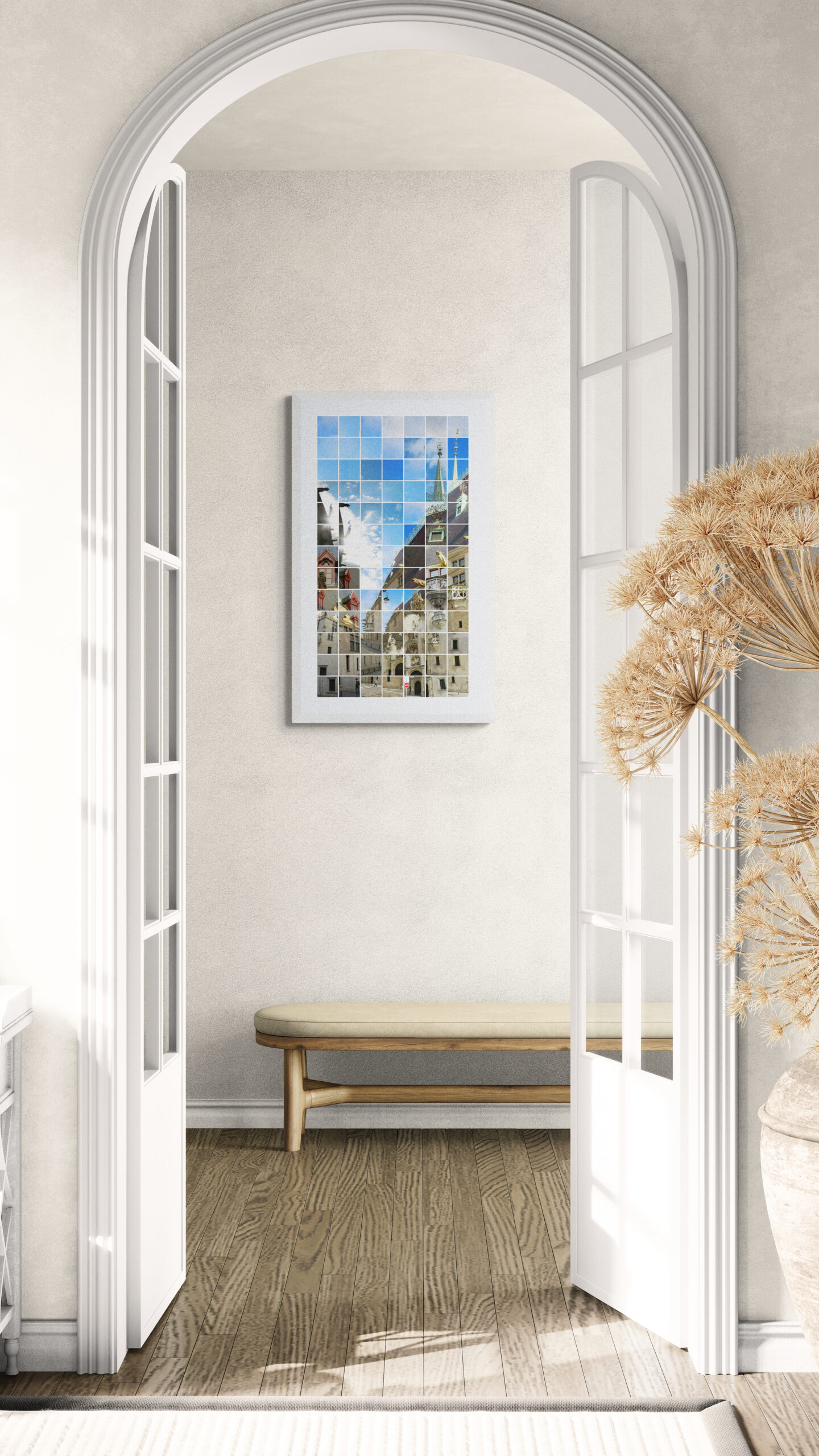 Tirage photographique du Palais des Ducs de Lorraine avec la rue à Nancy, photocollage de Johanna Pernot avec ciel bleu, suspendu dans un salon avec doubles portes vitrées