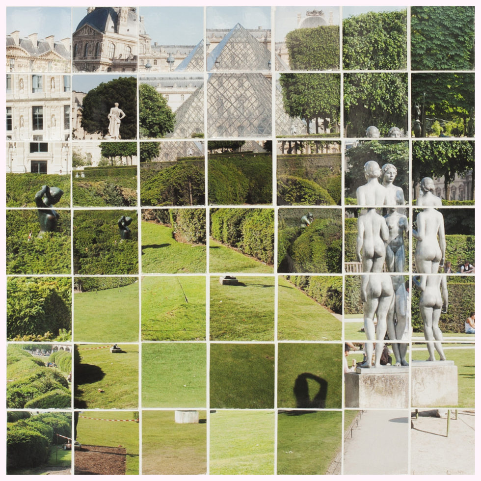 Photo d'art carré du Jardin des Tuileries représentant les statues de Maillol sur la pelouse, mosaïque photographique réalisée par l'artiste Johanna PERNOT