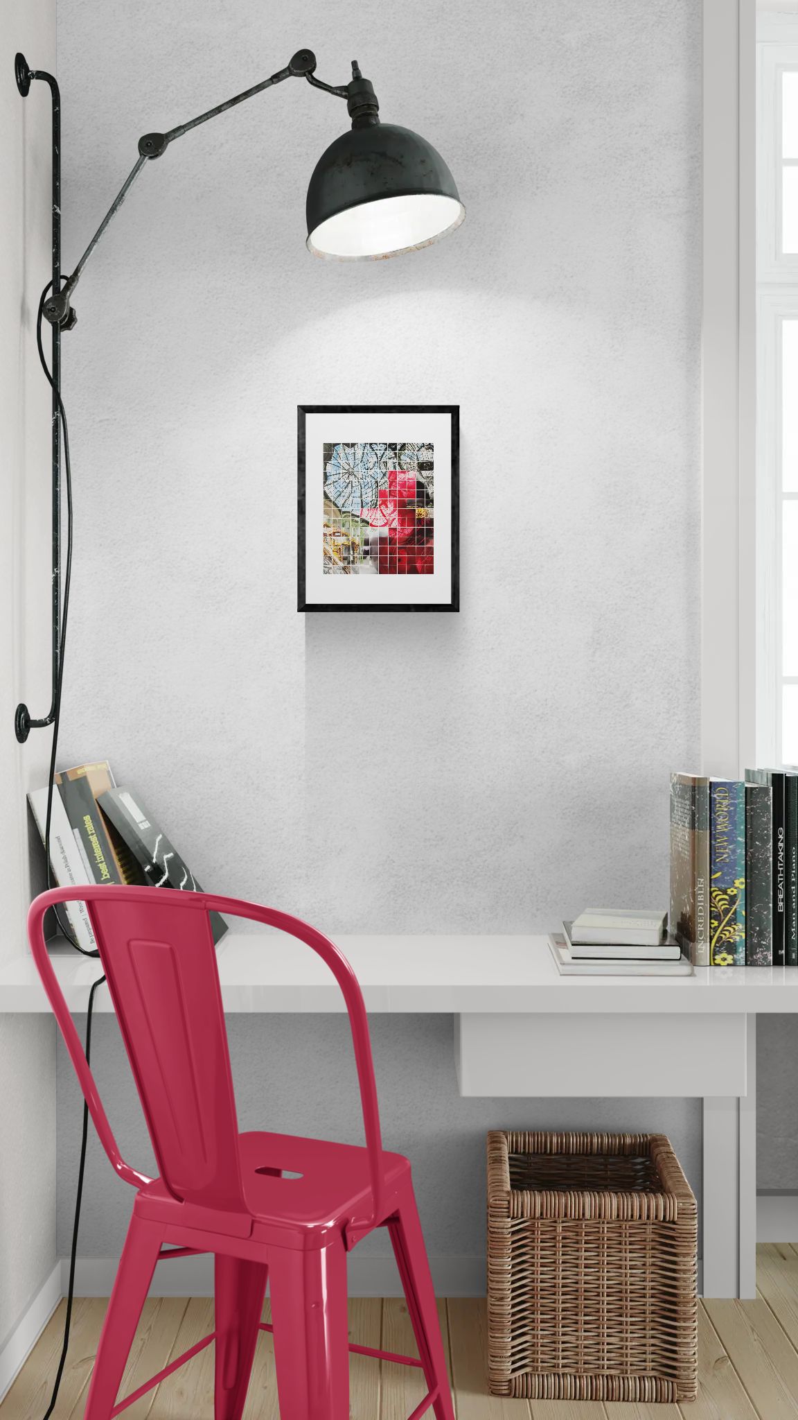 Tirage Fine Art du photocollage I and the Eye signé par l'artiste photoplasticienne Johanna Pernot, représentant les oeuvres rose d'Anish Kapoor pendant la Monumenta, sous la verrière bleue du Grand Palais, encadré dans un bureau