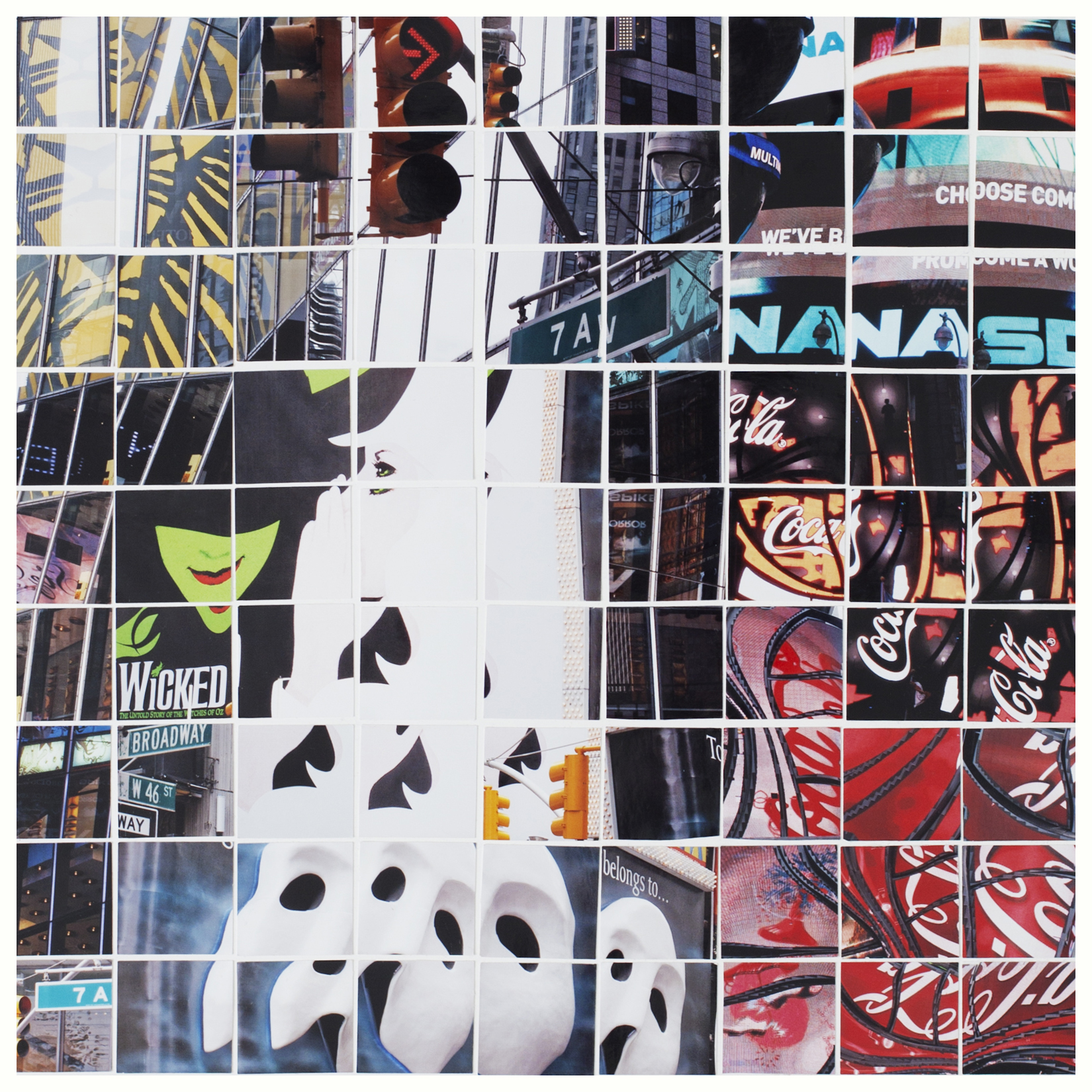 photographie d'art de Times Square, avec le Phantom of the open et l'affiche Wicked, photo collage de carr&eacute;s par Johanna PERNOT