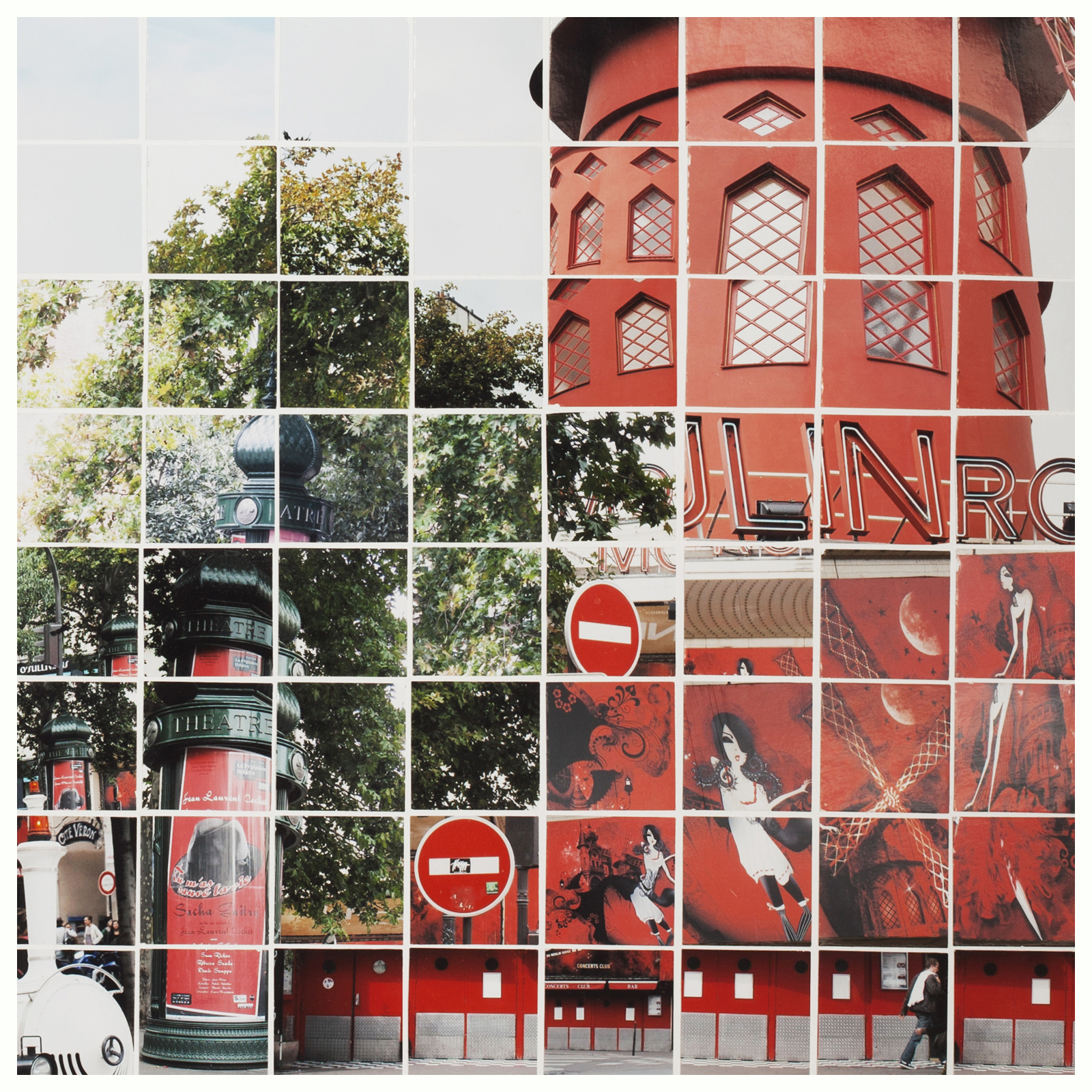 photographie d'art du Moulin Rouge &agrave; Paris, avec le petit train des touristes et une colonne Morris, collage r&eacute;alis&eacute; par la photoplasticienne Johanna PERNOT