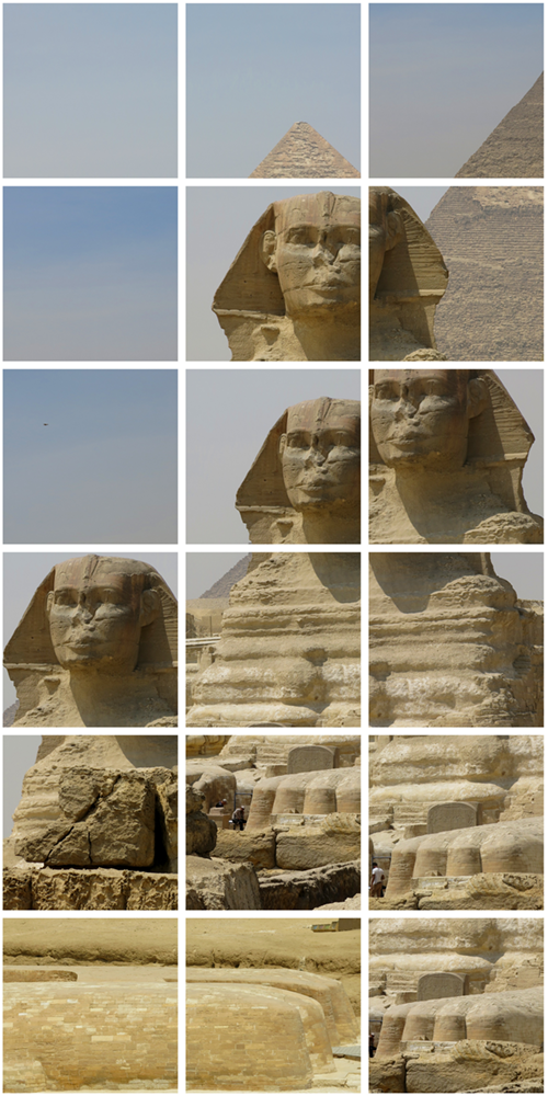 Mosaïque de photos du Sphinx de Gizeh, en Egypte, illustrant le Concept des Photosquares (la beauté en carrés)