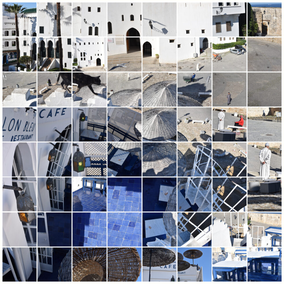 Photographie d'art de la terrasse du Salon bleu, place de la kasbah à Tanger, Maroc, format carré, tirage Fine Art signé Johanna PERNOT
