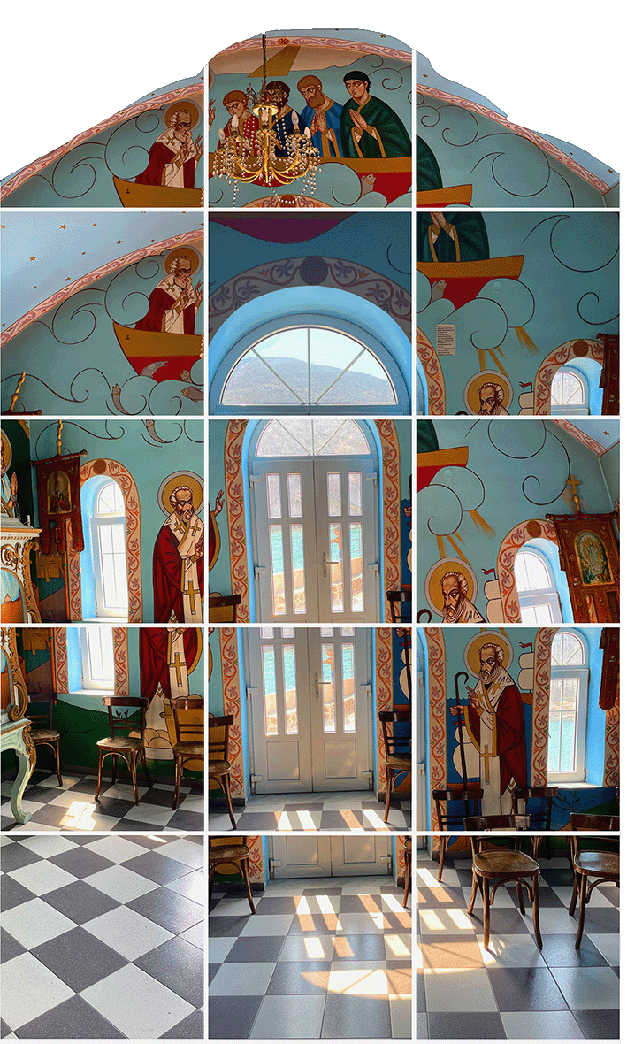 Porte de l'église Saint Nicolas sur l'île de Milos, en Grèce, avec rayons de soleil