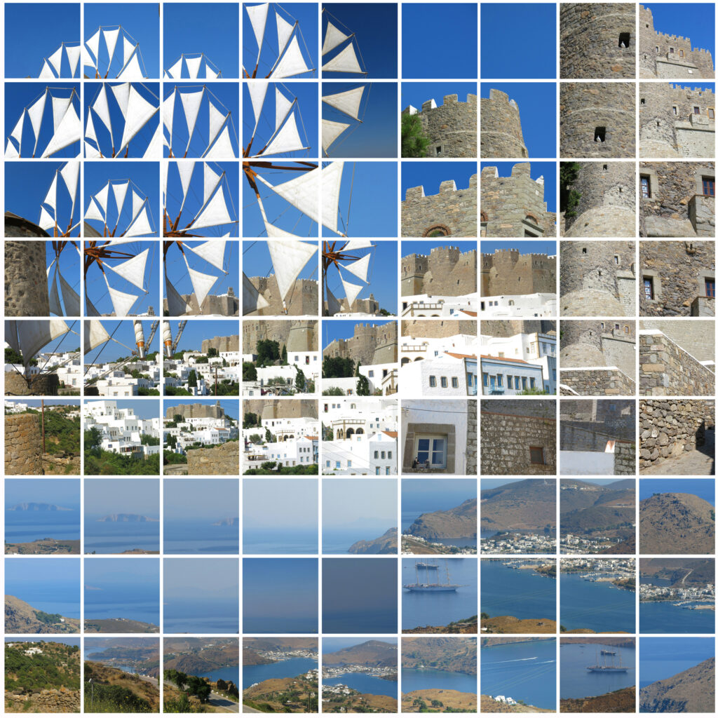 Mosaïque de photos carré représentant l'île de Patmos, symbole de la Grèce et la Méditerranée. Paysage photographique.