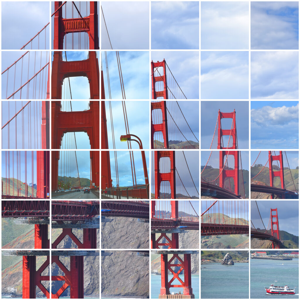 Photosquares: mosaïque de photos d'art carré représentant le pont du Golden Gatet, symbole des États-Unis d'Amérique.