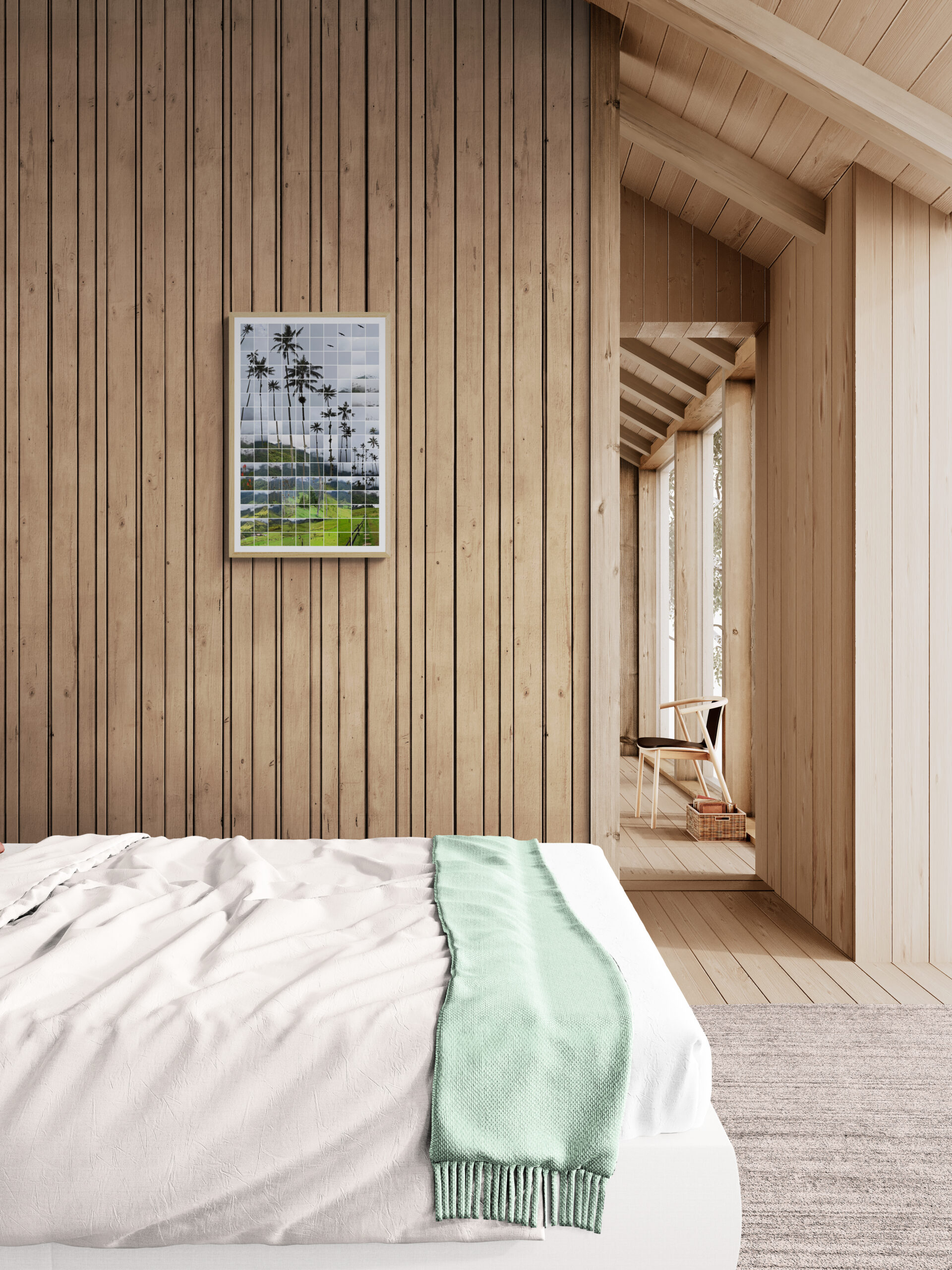 Tirage photographique des palmiers de la vallée de Cocora et de la jungle en Colombie, photocollage de Johanna Pernot suspendu à côté d'un lit, dans un chalet