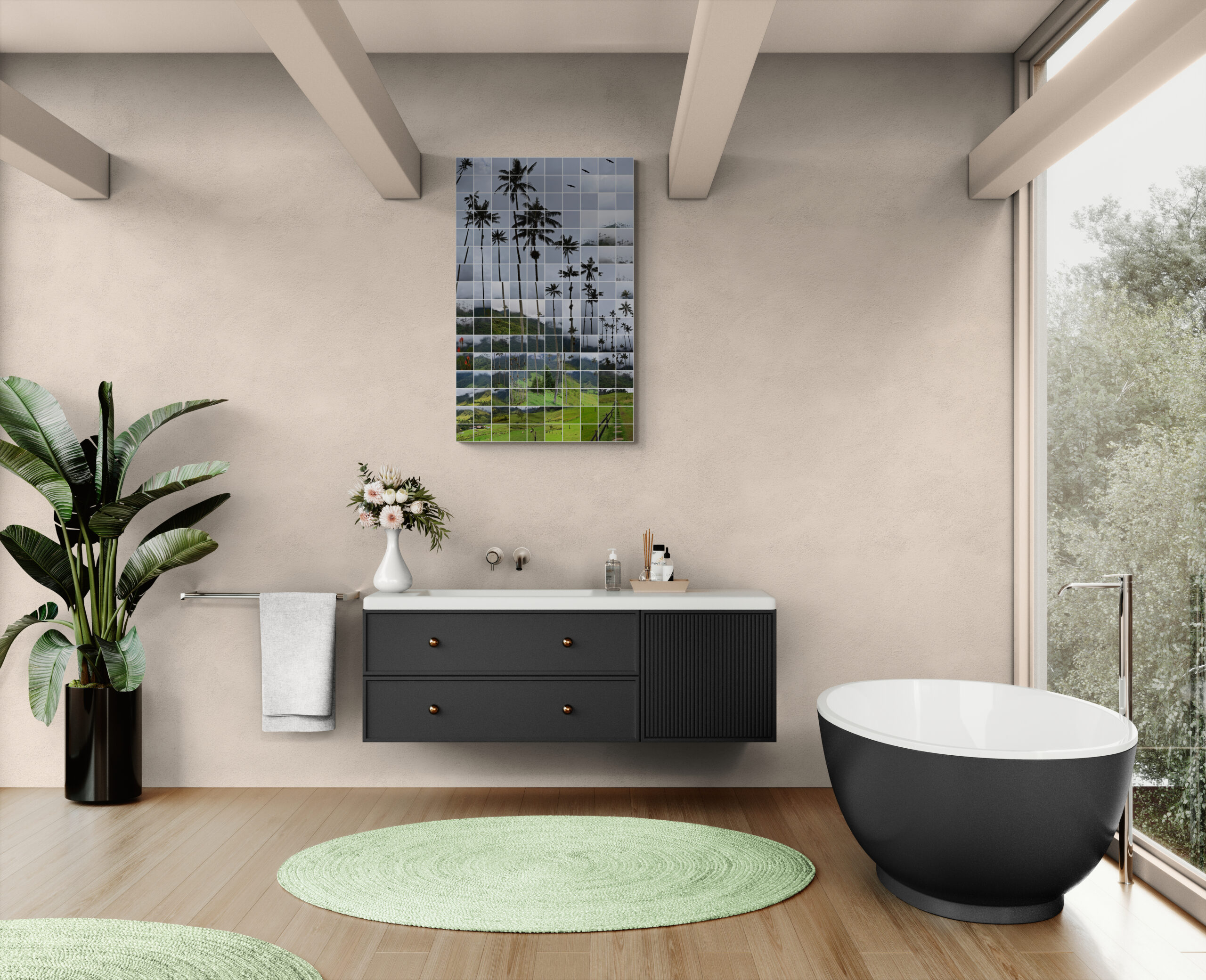 Tirage photographique des palmiers de la vallée de Cocora et de la jungle en Colombie, photocollage de Johanna Pernot suspendu dans une salle de bains contemporaine