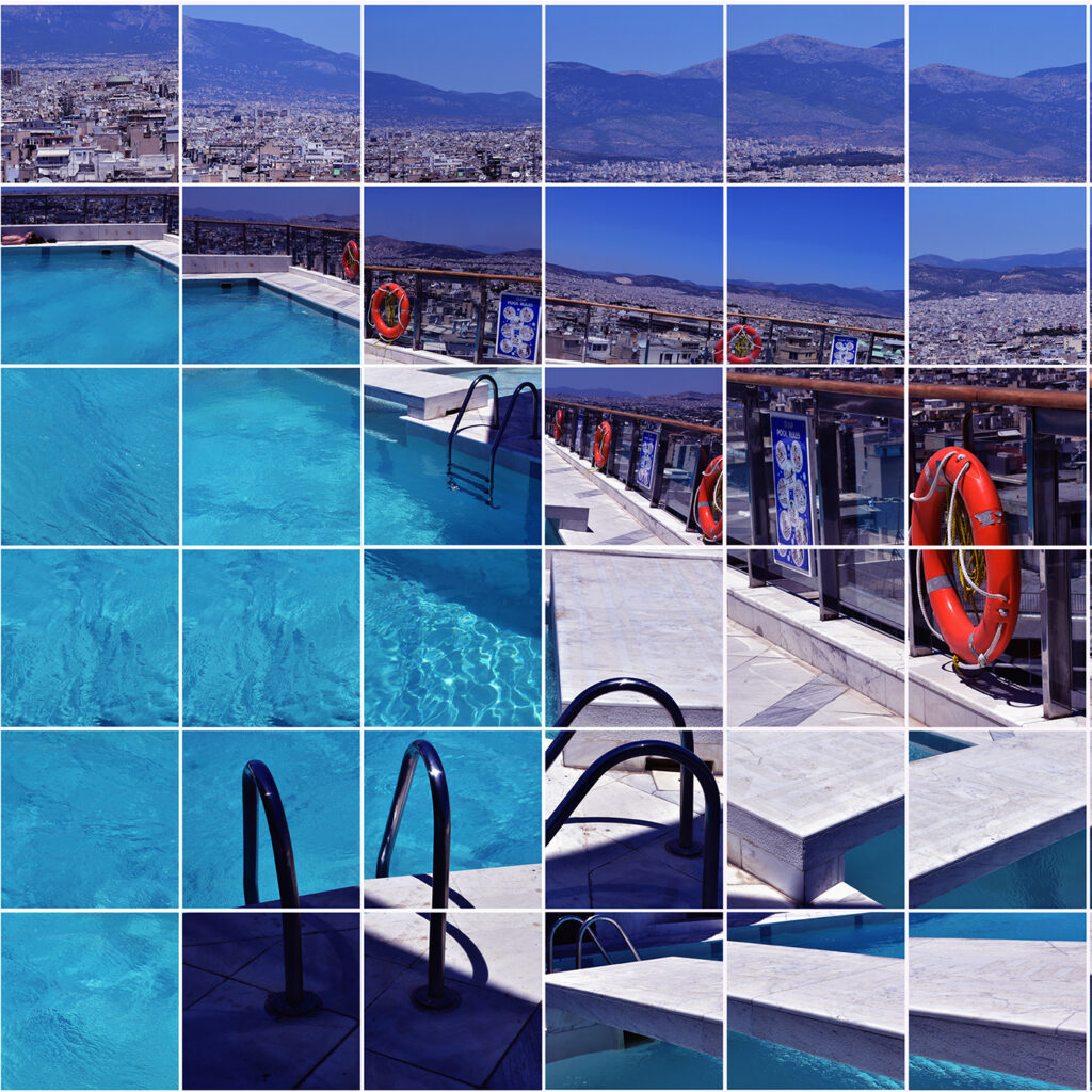 Mosaïque de photos carré représentant l'île de Patmos, symbole de la Grèce et la Méditerranée. Paysage photographique.