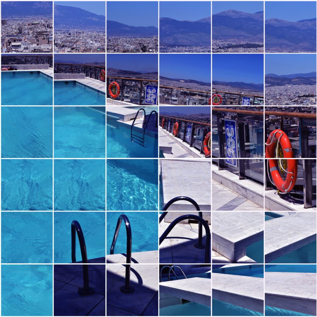 Mosaïque de photos carré représentant l'île de Patmos, symbole de la Grèce et la Méditerranée. Paysage photographique.