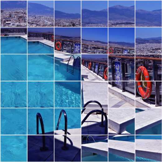 Piscine extérieure sur un toit d'Athènes avec les montagnes et le ciel bleu en arrière-plan